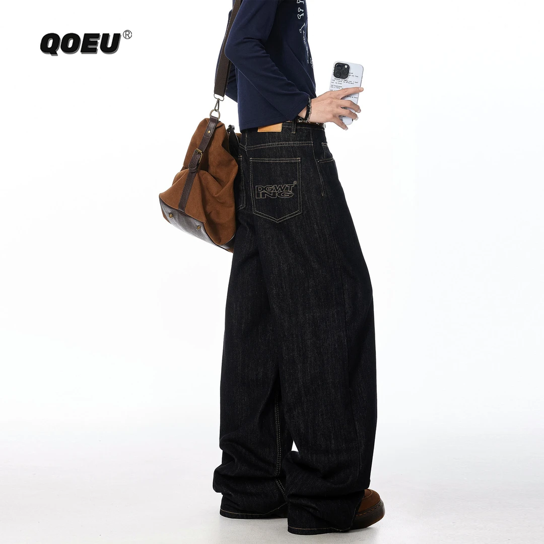 QOEU美式复古cleanfit阔腿牛仔裤男原牛新款宽松垂感直筒休闲长裤