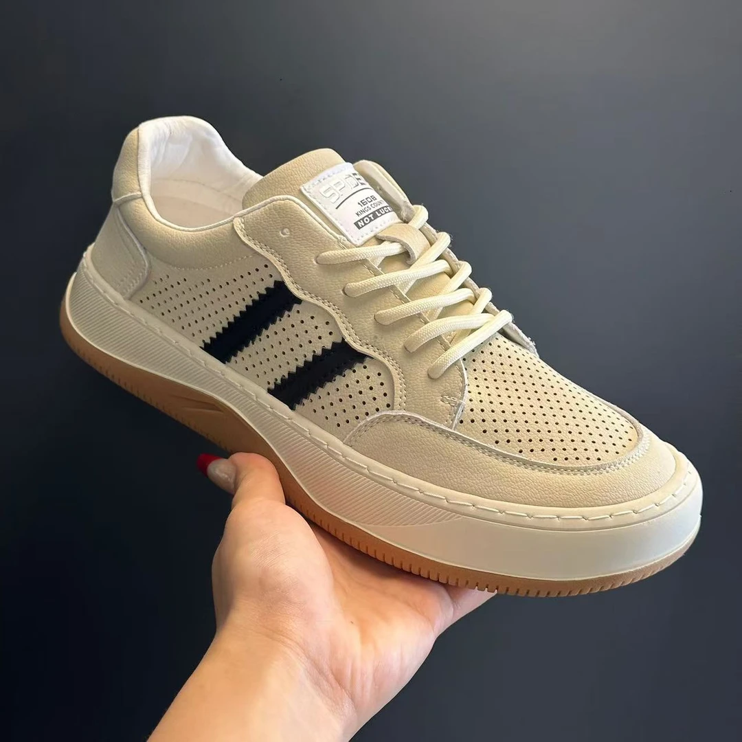 方头鞋夏季透气真皮牛皮商务休闲镂空打孔软底百搭洞洞鞋男