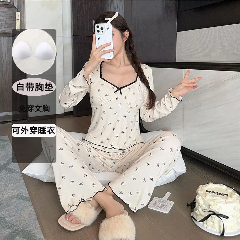 胸垫莫代尔睡衣女春秋季长袖可爱外出2025新款家居服套装爆款蝴蝶
