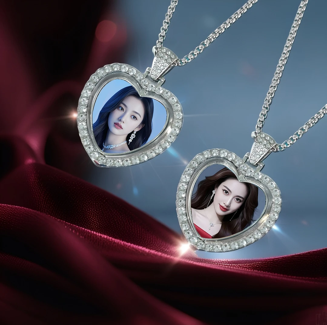 合金项链 心形钥匙扣坠链双面照片时尚吊坠创意礼物镶嵌可爱项坠