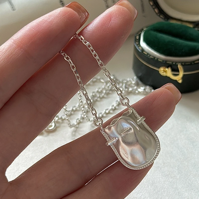 坠链均925银 韩版小众设计感复古烧白荷包项链韩国时尚包包锁骨链