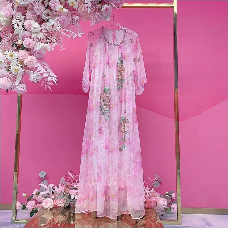 A1923欧美设计师2025夏季新款钉珠刺绣亮片立体花朵时尚连衣裙女