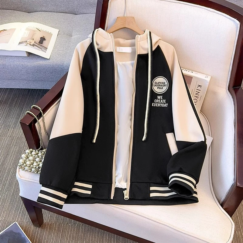 美式连帽撞色棒球服外套女春秋2025新款宽松复古学生休闲夹克上衣