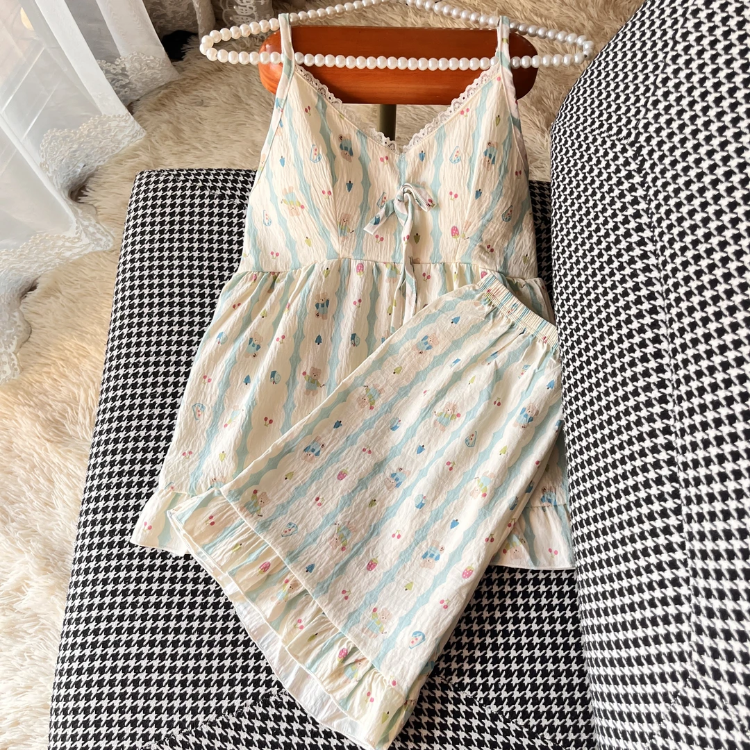 小熊云朵棉夏季吊带睡衣套装女士爆款2025新款带胸垫可外穿家居服