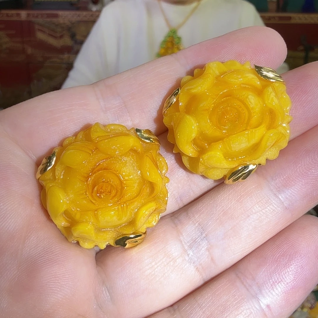 蜜蜡银S925镀金镶嵌耳钉