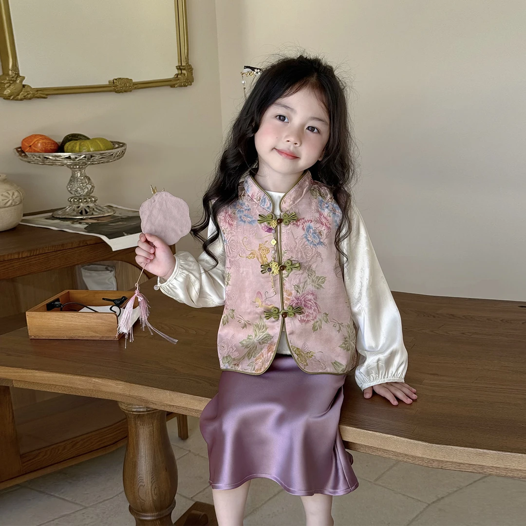 巴拉童年中秋节女童国风新中式套装汉服旗袍秋季儿童唐装马甲女宝