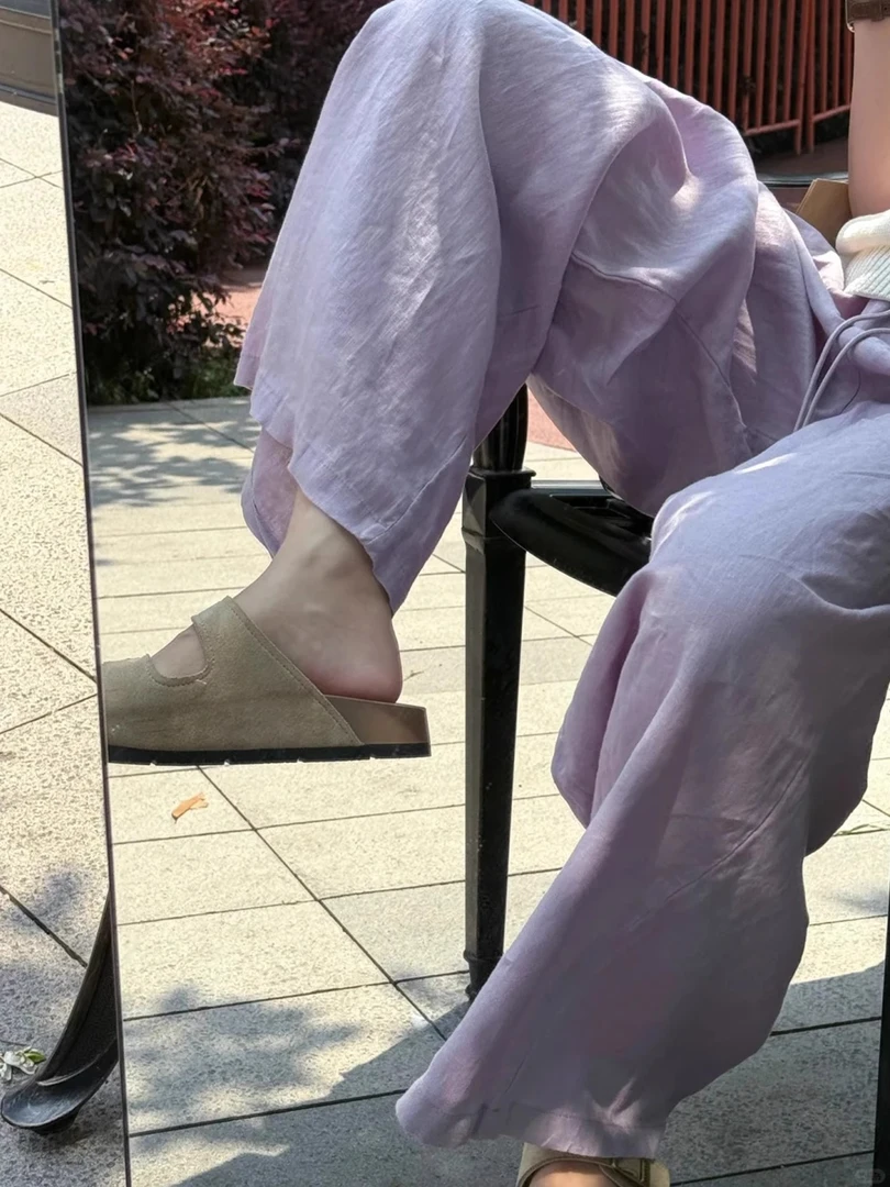 大码胖mm粉紫色阔腿裤女夏季薄款遮肉宽松褶皱肌理感亚麻休闲裤