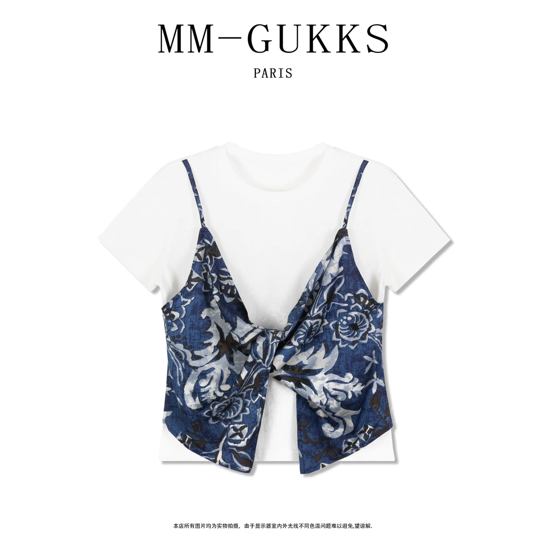 明明GUKKS『海月谣』2025夏季新款高级感假两件拼接短袖T恤上衣