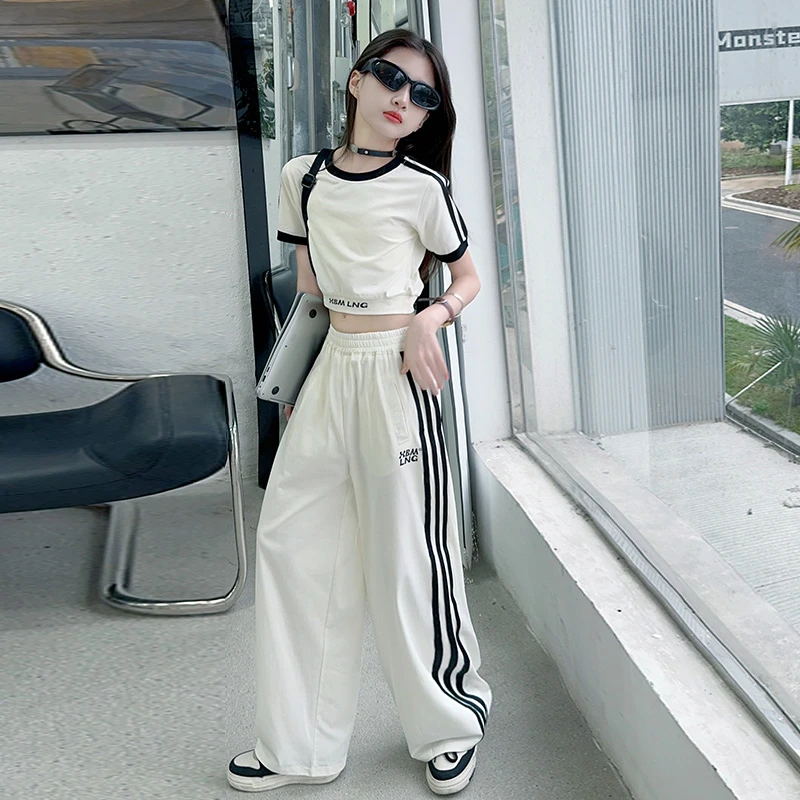 女童美式撞色拼接插肩短袖三条杠拉条套装洋气新款短袖阔腿裤夏款