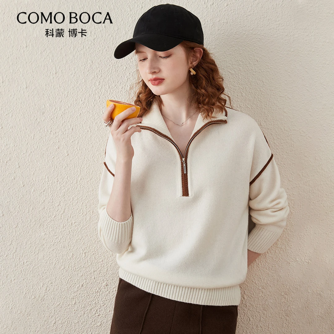 COMOBOCA/科蒙·博卡绵羊毛撞色休闲拉链衫针织毛衣秋冬女KSQ1380