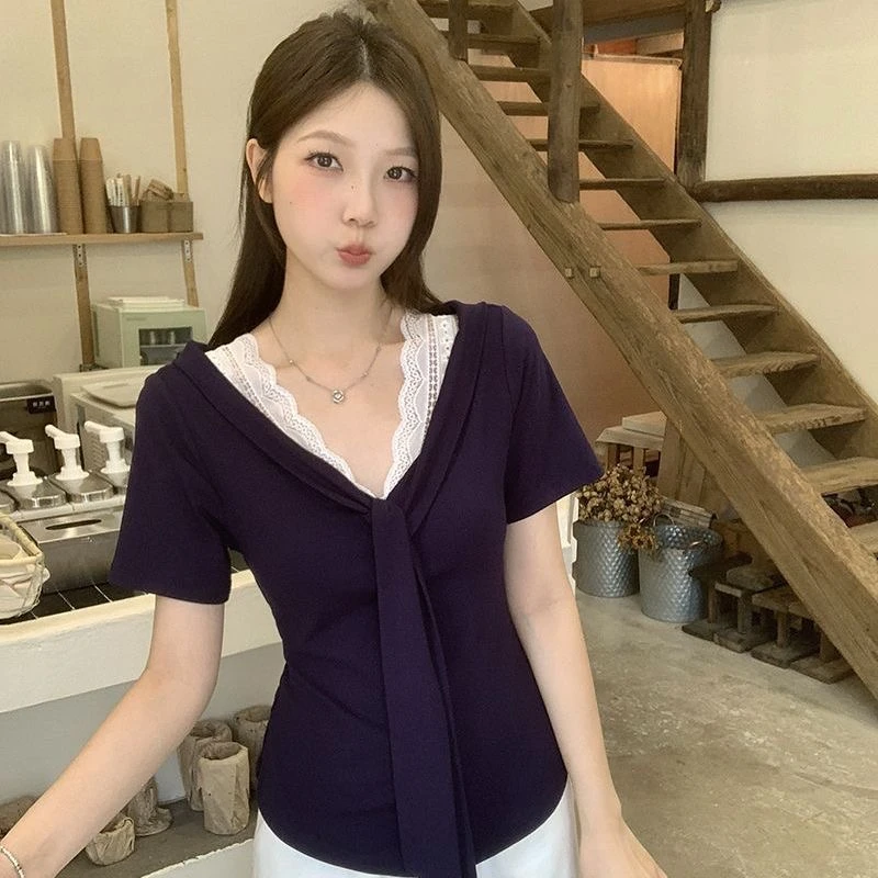 纯棉藏青色小清新辣妹短袖蕾丝拼接V领正肩T恤女夏季修身甜辣上衣