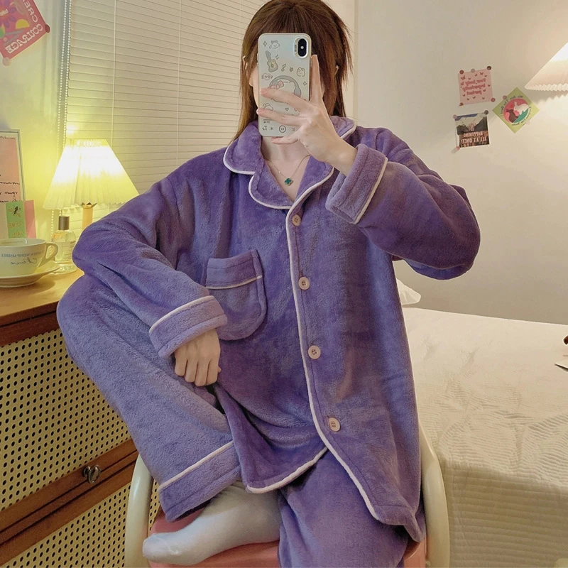 高级感简约纯色珊瑚绒睡衣女加绒加厚保暖小清新法兰绒家居服套装
