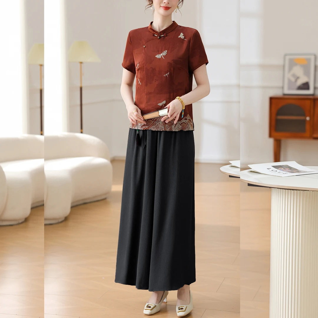 新中式妈妈夏装套装2025新款国风短袖恤中老年女装夏季裙裤上衣