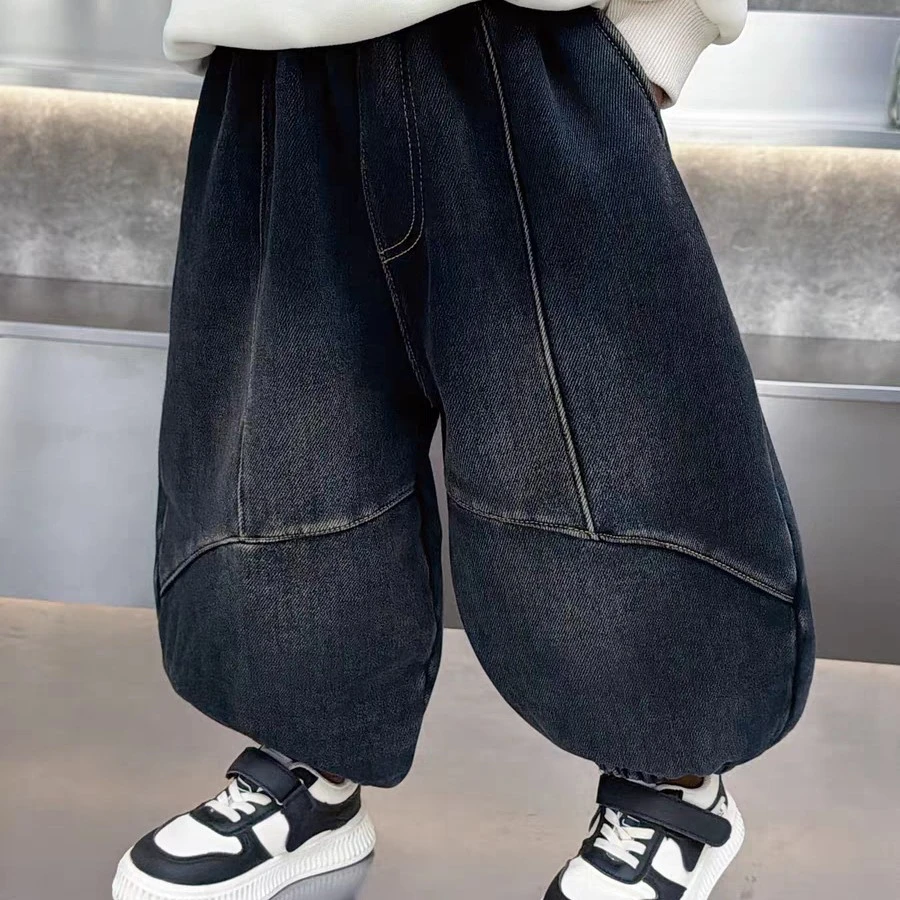 男童加绒裤子秋冬装2025新款儿童加厚束脚牛仔裤男宝一体绒休闲裤