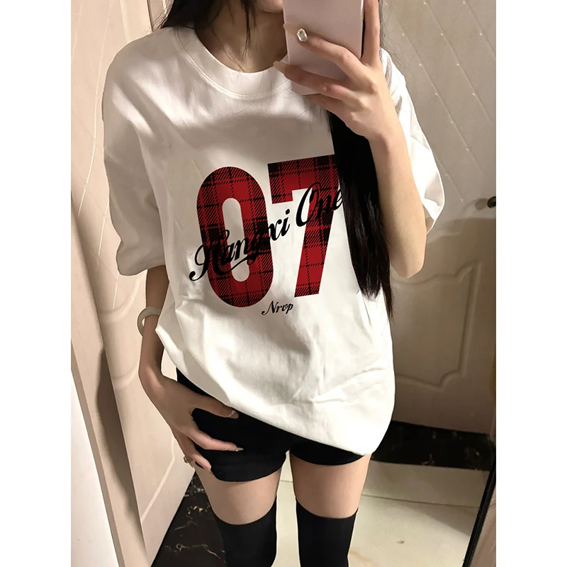 纯棉220克白色圆领短袖t恤女夏季宽松慵懒松弛感半袖美式复古上衣