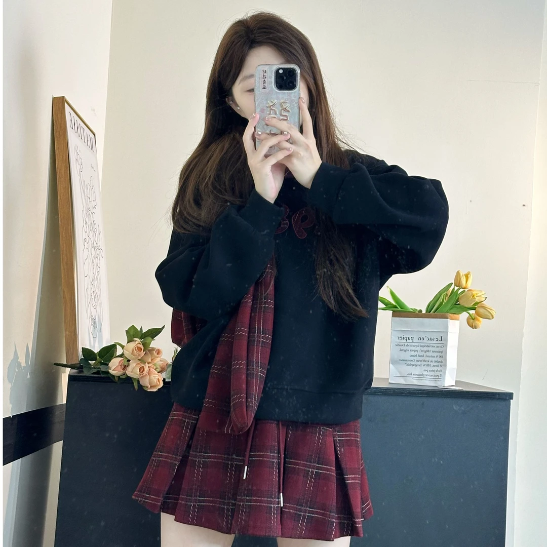 学院风减龄卫衣套装裙女秋冬慵懒风卫衣格子短裙高级感复古三件套