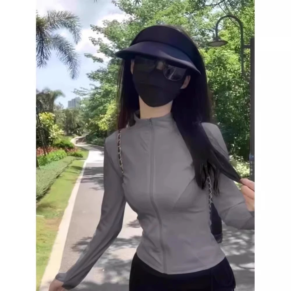 灰色冰丝防晒衣女款2025新款夏季薄款透气速干修身立领瑜伽服外套