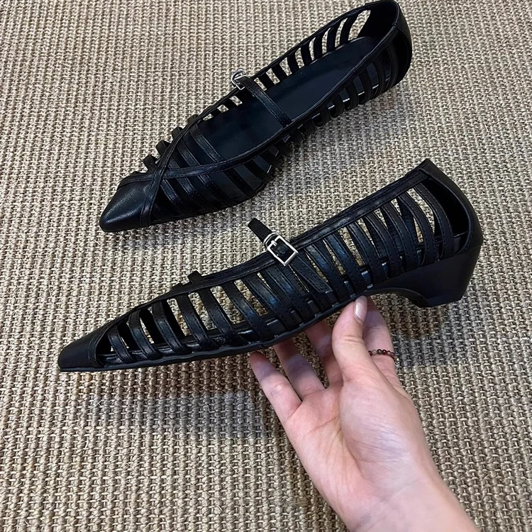 软皮版~法式复古编织镂空一字带浅口单鞋女气质尖头低跟罗马凉鞋