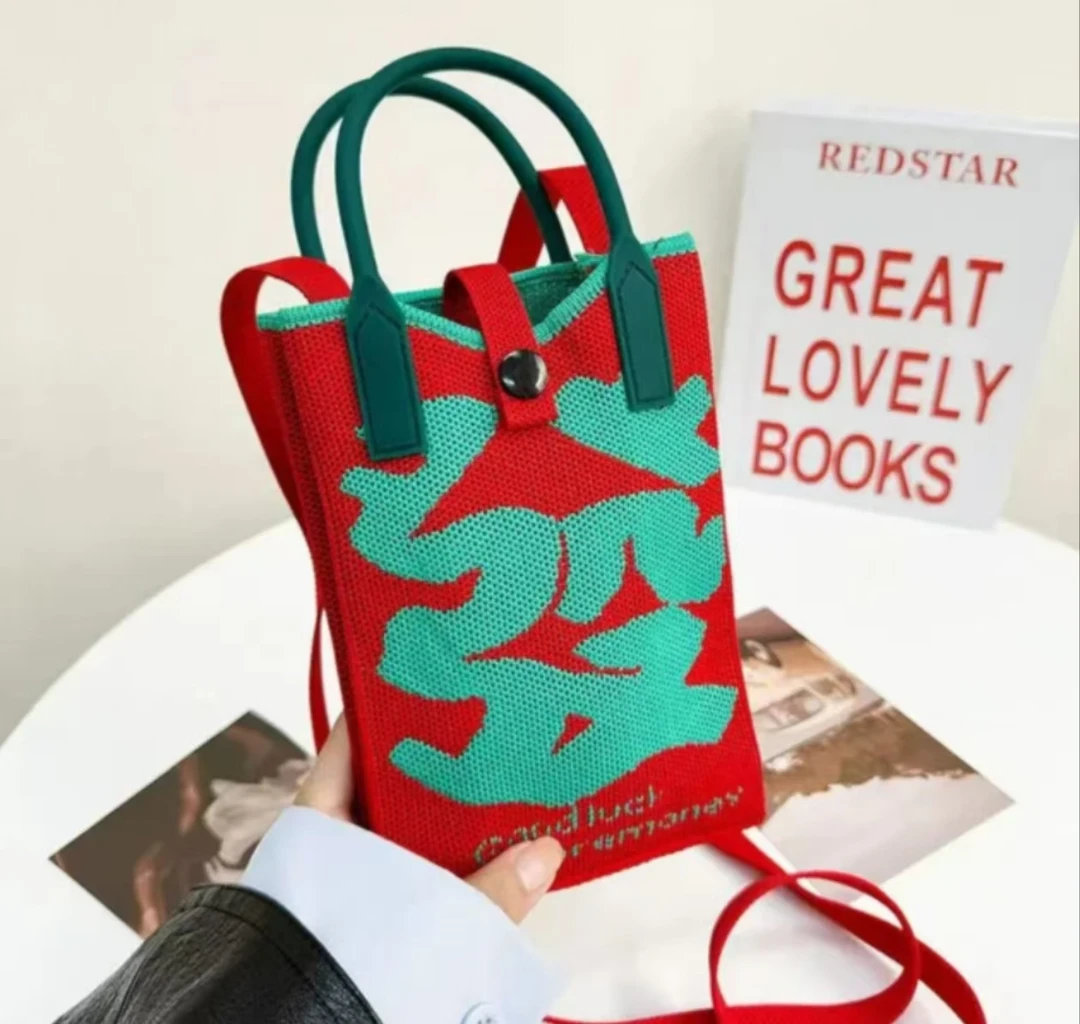 新款针织大红色系手机包發财斜跨包日常出行便携手拎手提百搭包包