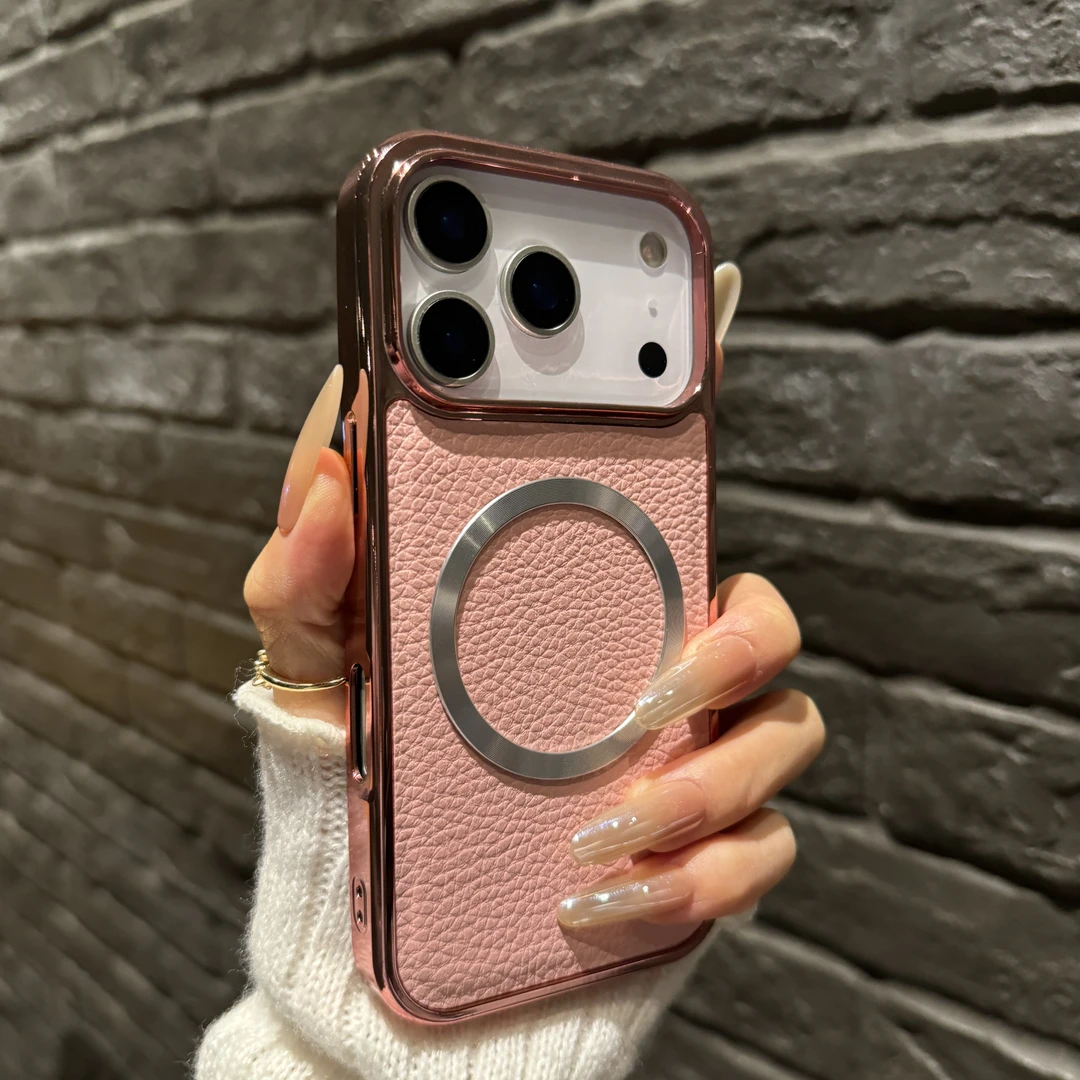 高级电镀荔枝纹适用苹果17promax手机壳iPhone16磁吸15新款14男女