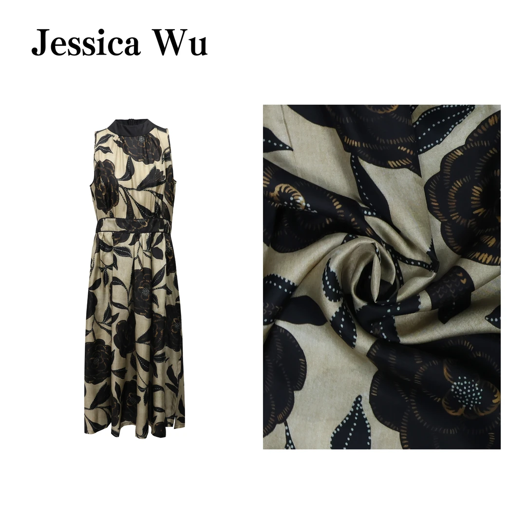JESSICA WU美绝了~法式优雅高奢山茶花重磅斜纹桑蚕丝连衣裙