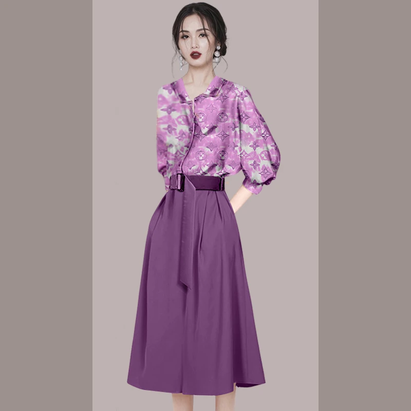 高级感印花衬衫上衣A字半裙休闲套装2025新款女夏季时尚两件套潮