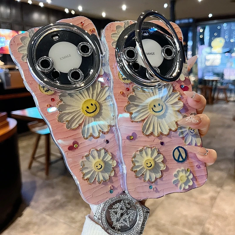 适用华为mate70系列苹果16新款手机壳笑脸雏菊全包隐形支架镜头膜