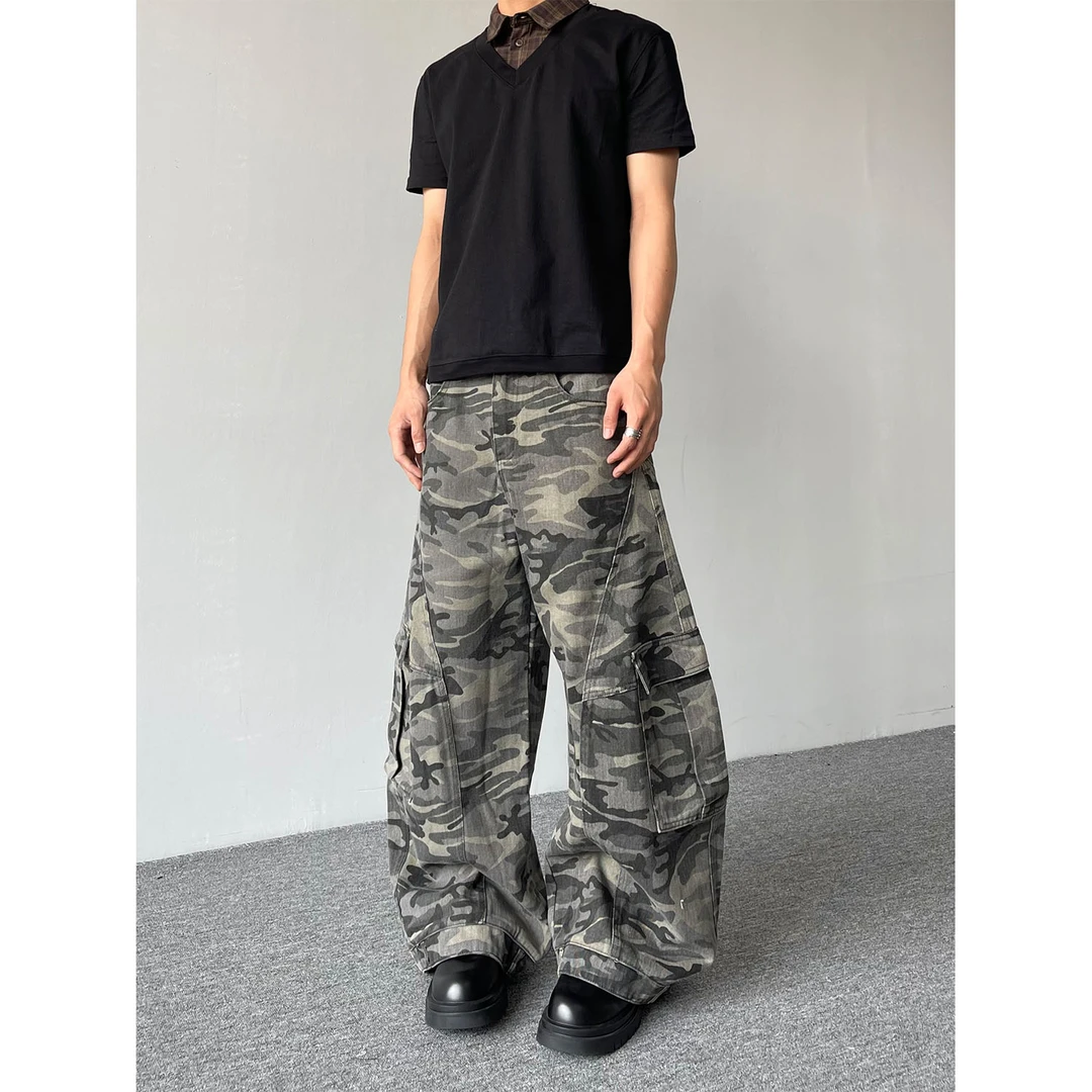 ISTURE美式复古解构迷彩工装裤男女同款多口袋宽松百搭阔腿弯刀裤