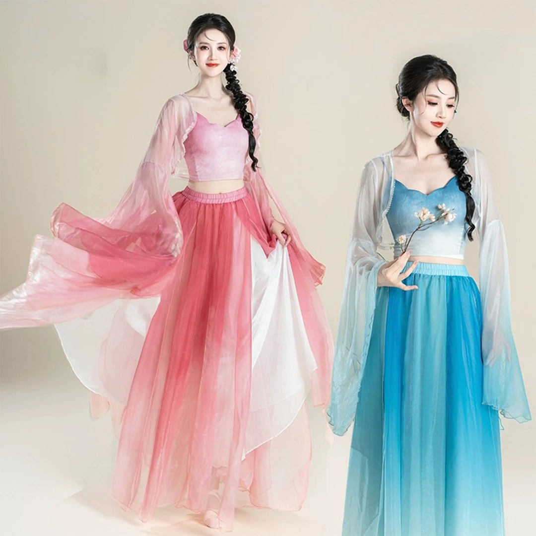 新款古典舞古风仙气纱衣飘逸中国双层裙裤演出服中国风长款夏季