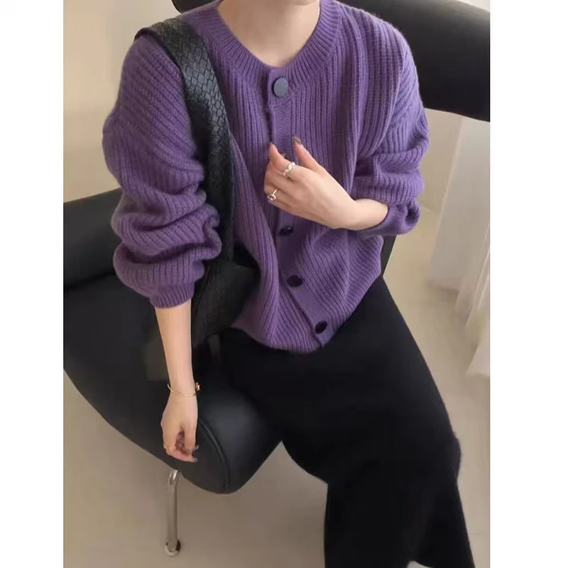 秋冬纯色圆领单排扣长袖针织开衫女秋冬软糯百搭毛衣外套潮上衣