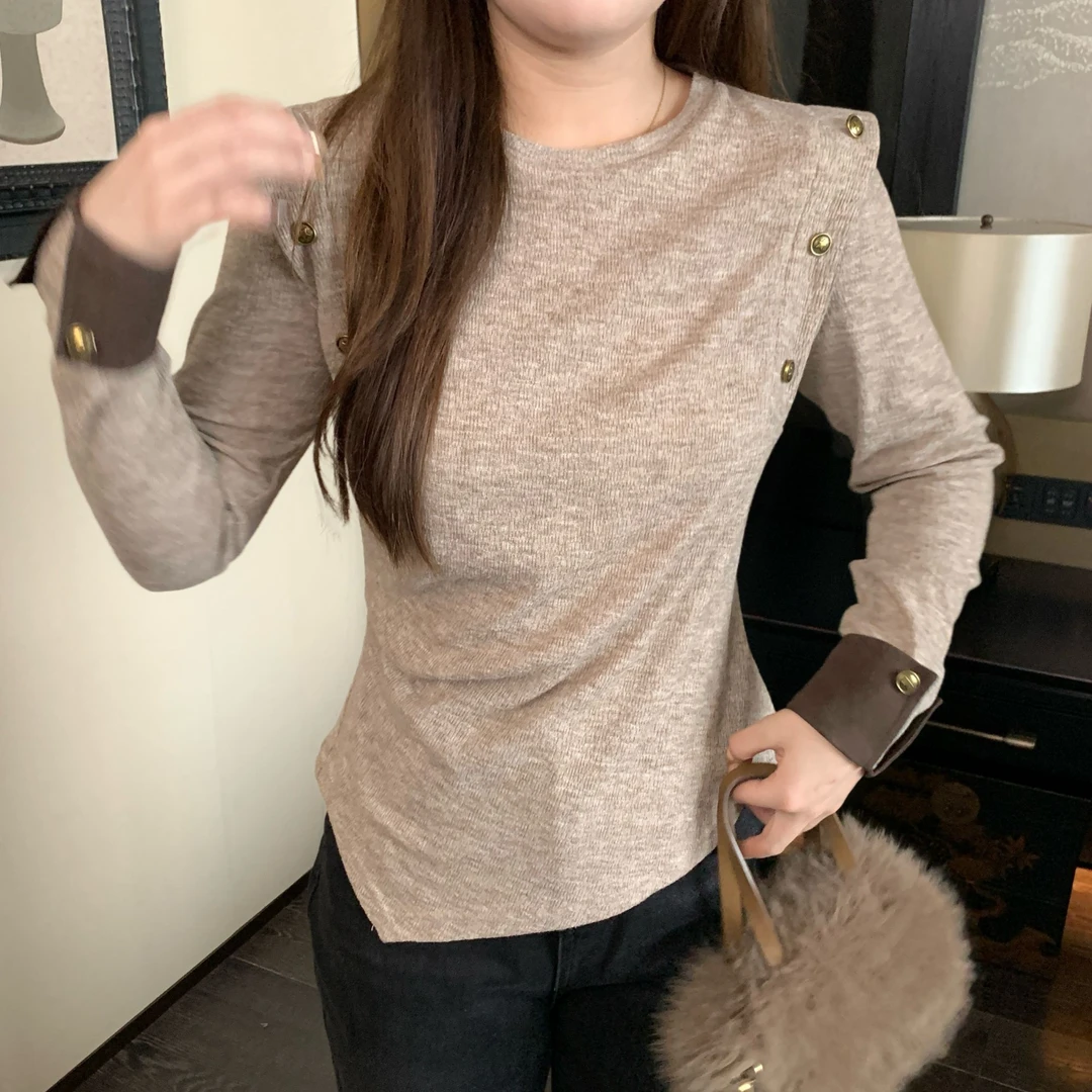 盈盈&南岛风大码女装气质休闲百搭拼麂皮冬季胖mm针织上衣ZYY2581