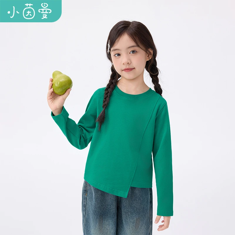 小茵曼女童长袖t恤不规则下摆25秋季中大童纯棉休闲上衣GO3853257