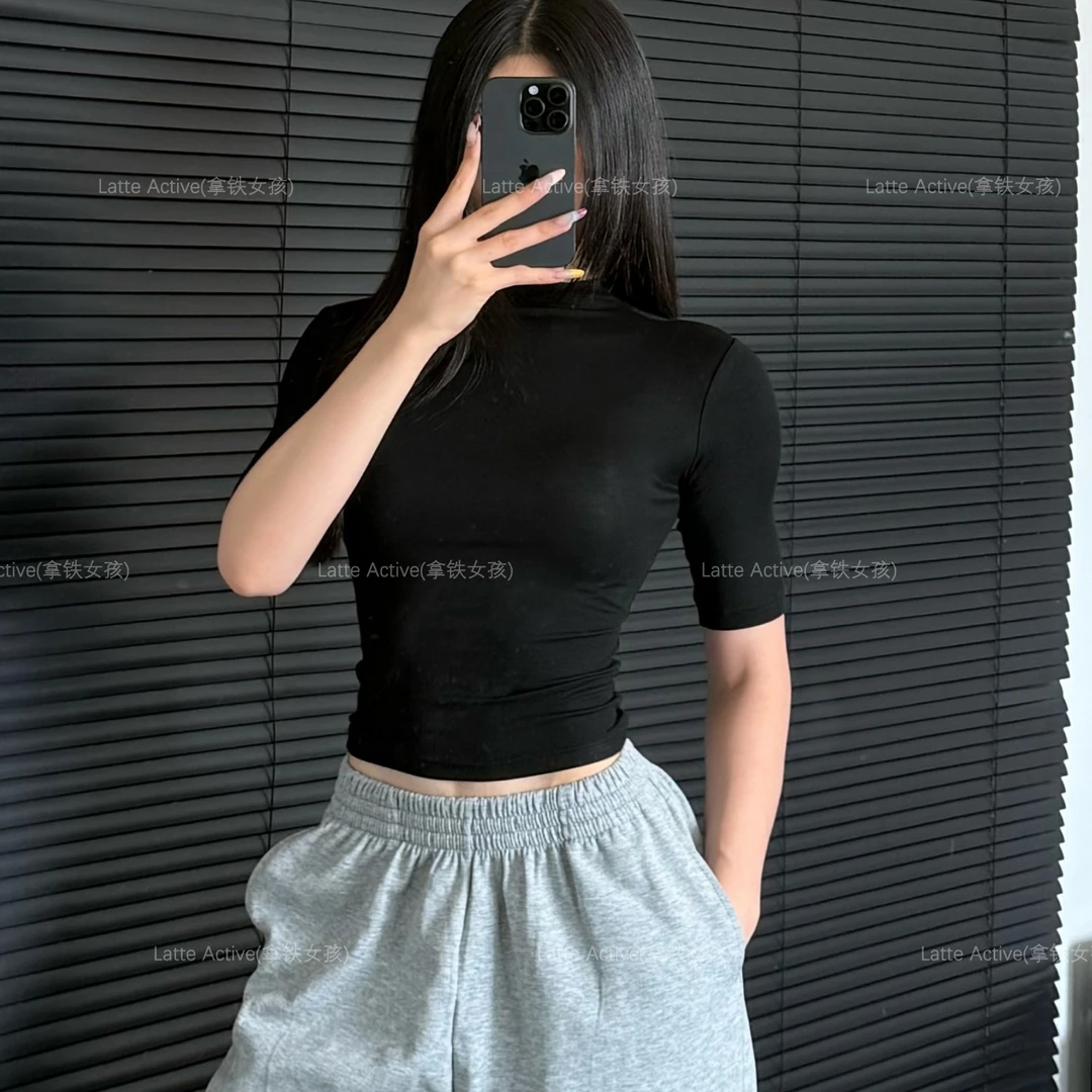 拿铁女孩瑜伽服中袖T恤女修身显瘦上衣女健身服上衣运动高领