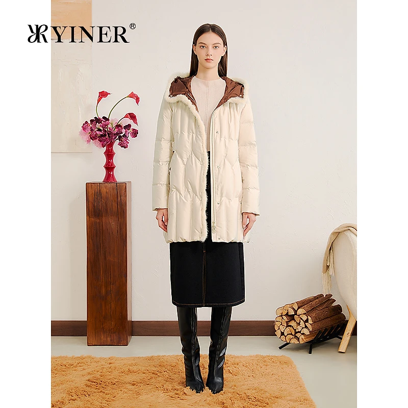 YINER音儿专选2025冬季新款法式一手长水貂毛边立领连帽羽绒服
