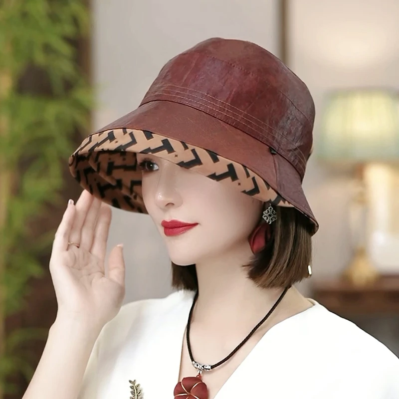 【黄锦香云纱赫本帽】PT0658双面可戴重磅真丝桑蚕丝香云纱渔夫帽