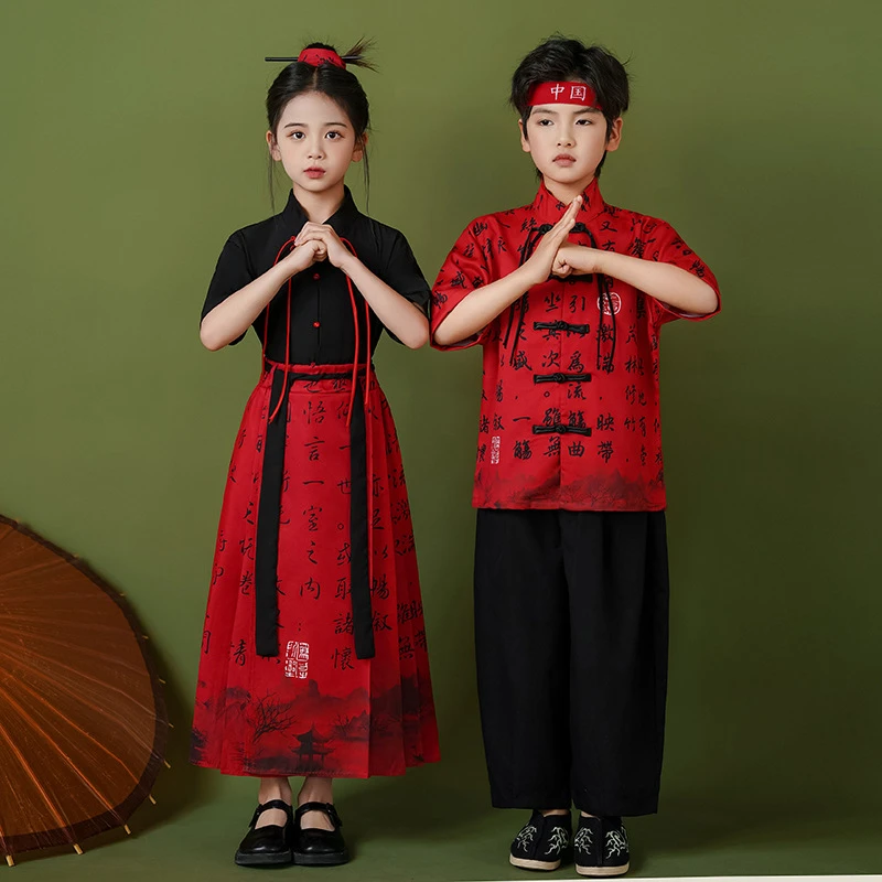 A夏季儿童汉服马面裙儿童啦啦操演出服运动会汉服服装套装民族风