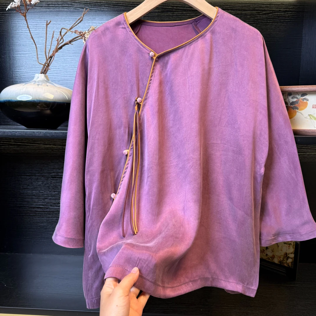 【紫郁】中式改良复古气质素色小衫2443