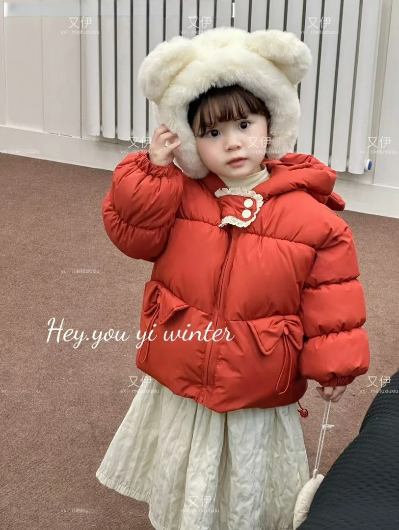 又伊女童棉衣外套加绒加厚中国风红色保暖连帽冬季过年战服