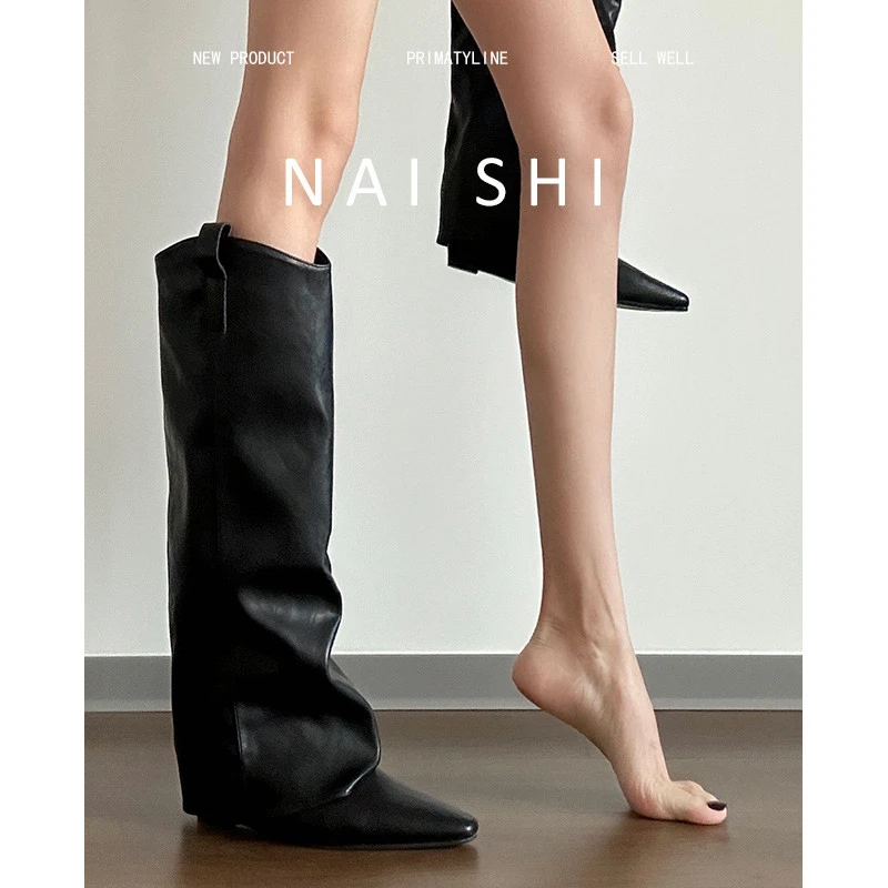 羊皮版！黑色直筒裤管靴女不过膝尖头骑士靴内增高长靴口西部靴