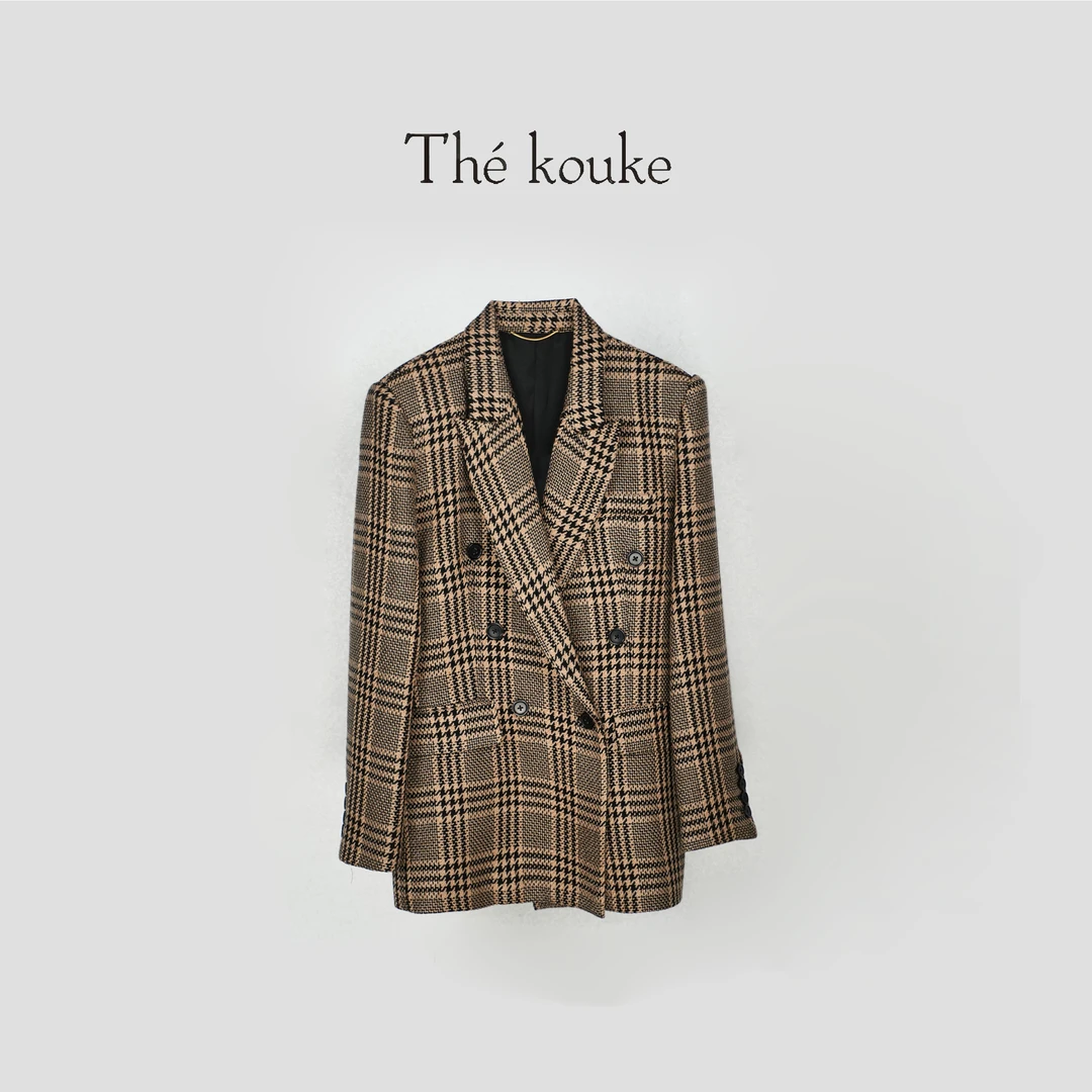 kou ke羊毛编织经典千鸟格正肩收腰西装夹克秋冬合身外套