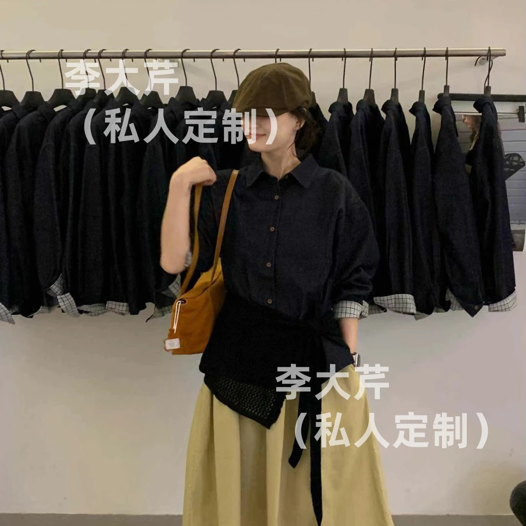 复古牛仔格子上衣　秋季常规款翻领长袖衬衫宽松显瘦时尚INS