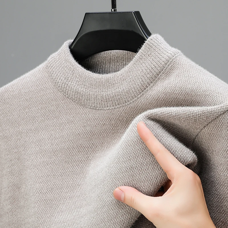 【一体绒】半高领加绒加厚男士毛衣冬季纯色保暖套头宽松针织打底衫