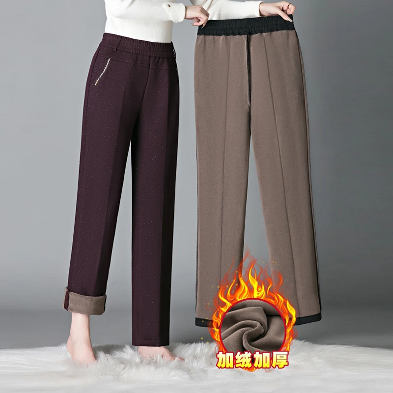 中老年女裤冬季高腰宽松加绒加厚休闲保暖裤老年人紧腰暖裤外穿