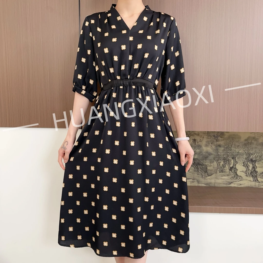 HUANGXIAOXI 高级蓝四叶草颗粒感优雅气质连衣裙ZF-534