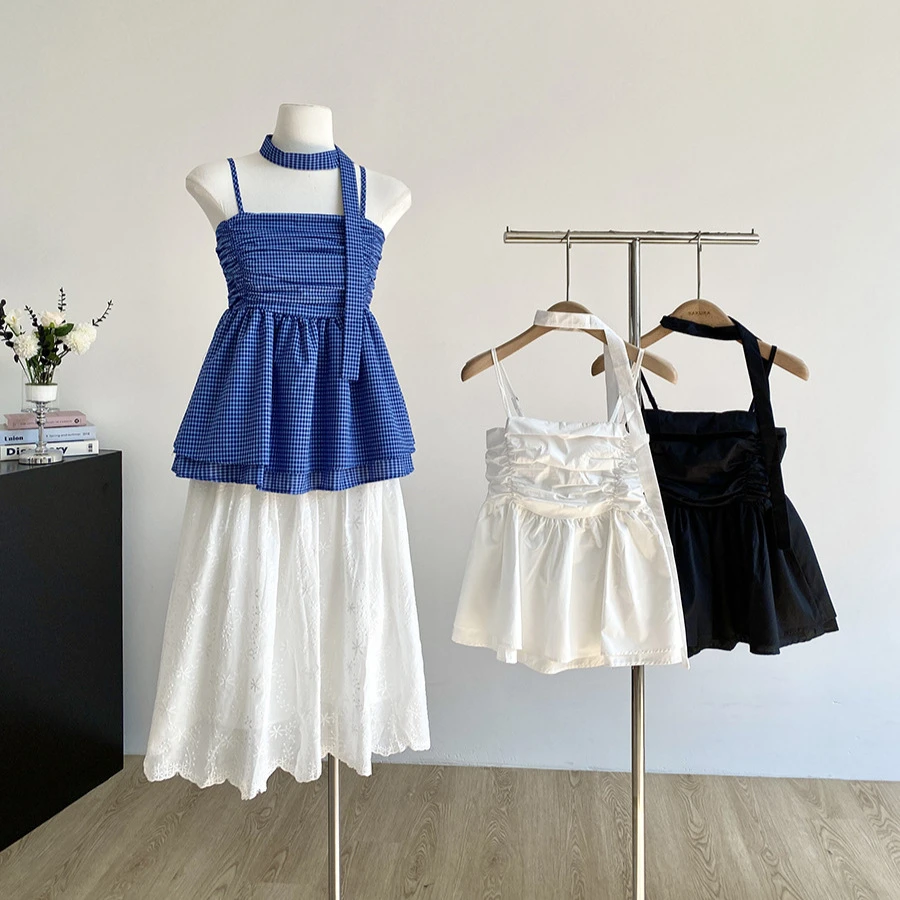 女士夏季2025新款褶皱飘带格子无袖吊带收腰显瘦露锁骨外穿上衣