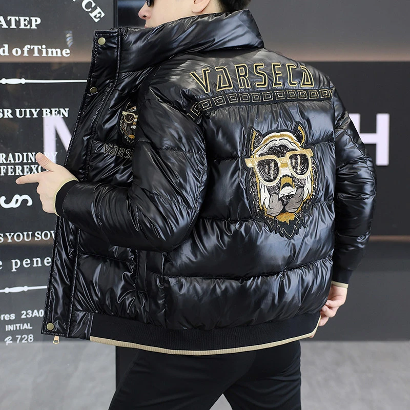 冬季新款男士欧货刺绣时尚潮流修身加厚保暖棉衣立领潮牌棉服外套