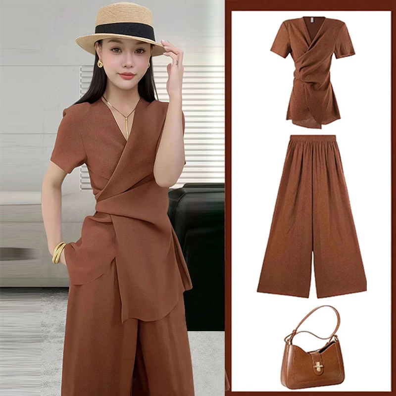 高端2025夏季大码女装法式高级感收腰v领衬衣阔腿长裤套装两