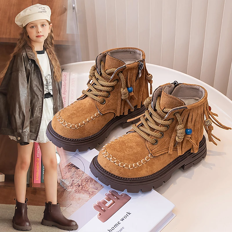 ABC女童靴子儿童冬季公主马丁短靴女孩废土风流苏复古靴子中大童
