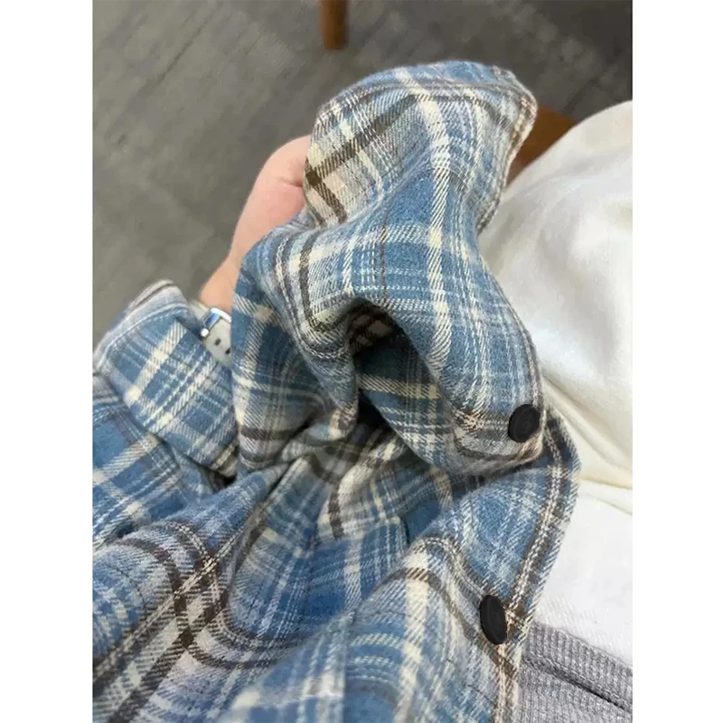 美式复古磨毛格子衬衫男长袖外套2024秋冬款蓝色高级感内搭衬衣服