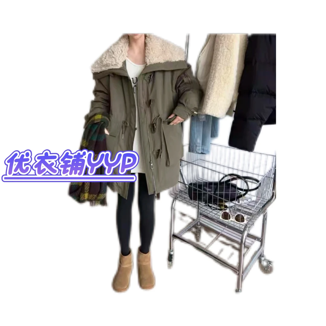 宽松型外套中长款牛角扣加绒加厚款翻领